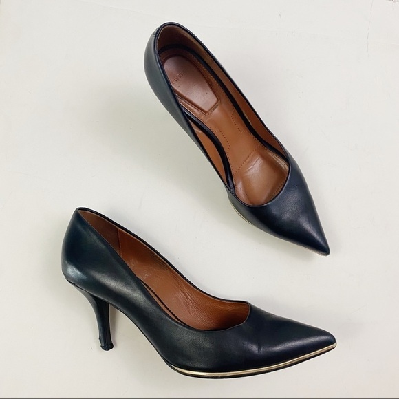 GIVENCHY black leather pointed toe gold trim pumps - Picture 1 of 9